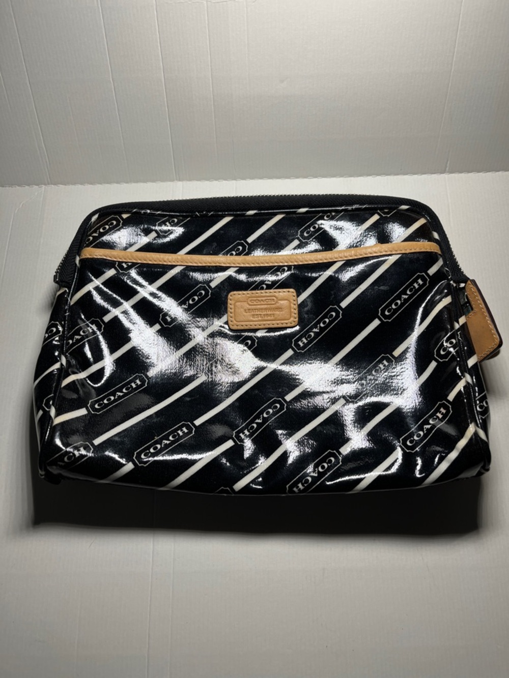 💄Vintage Coach Black & White Diagonal Script Logo Cosmetic Pouch Toiletry Bag 💼